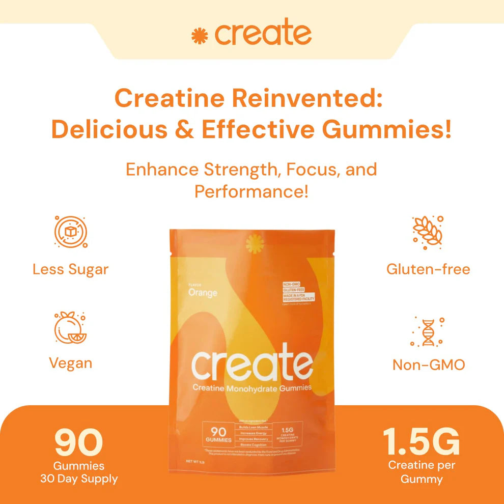 Create Creatine Monohydrate Gummies – Boost Strength & Endurance (90 ct / 1.5g per Gummy, Orange Flavor)
