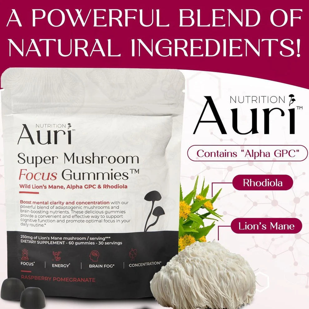 Auri Super Mushroom Focus Gummies – Lion’s Mane & Rhodiola for Mental Clarity (60 Gummies)