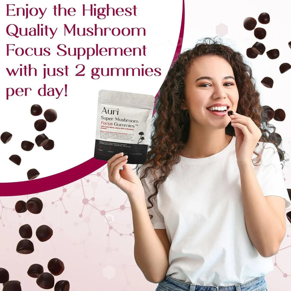 Auri Super Mushroom Focus Gummies – Lion’s Mane & Rhodiola for Mental Clarity (60 Gummies)