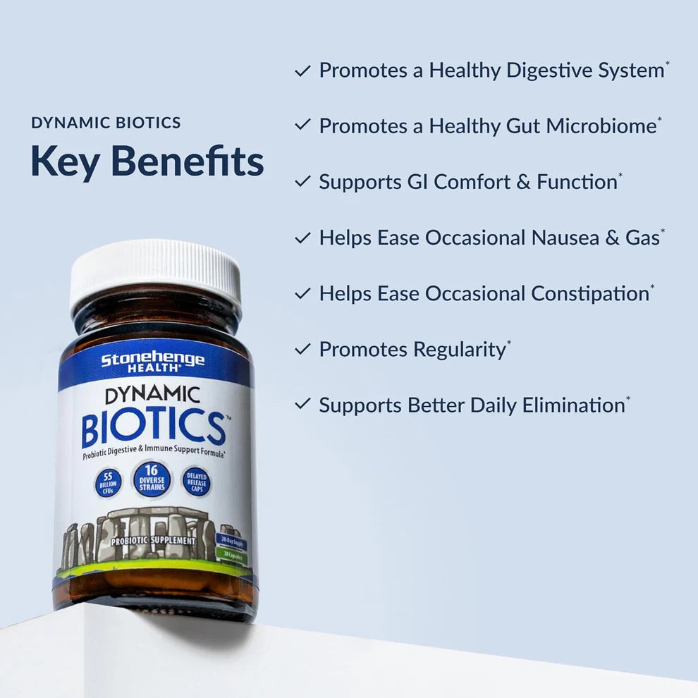 Stonehenge Health Dynamic Biotics – 55 Billion CFU Probiotic with 16 Strains & Prebiotics (30 Capsules)