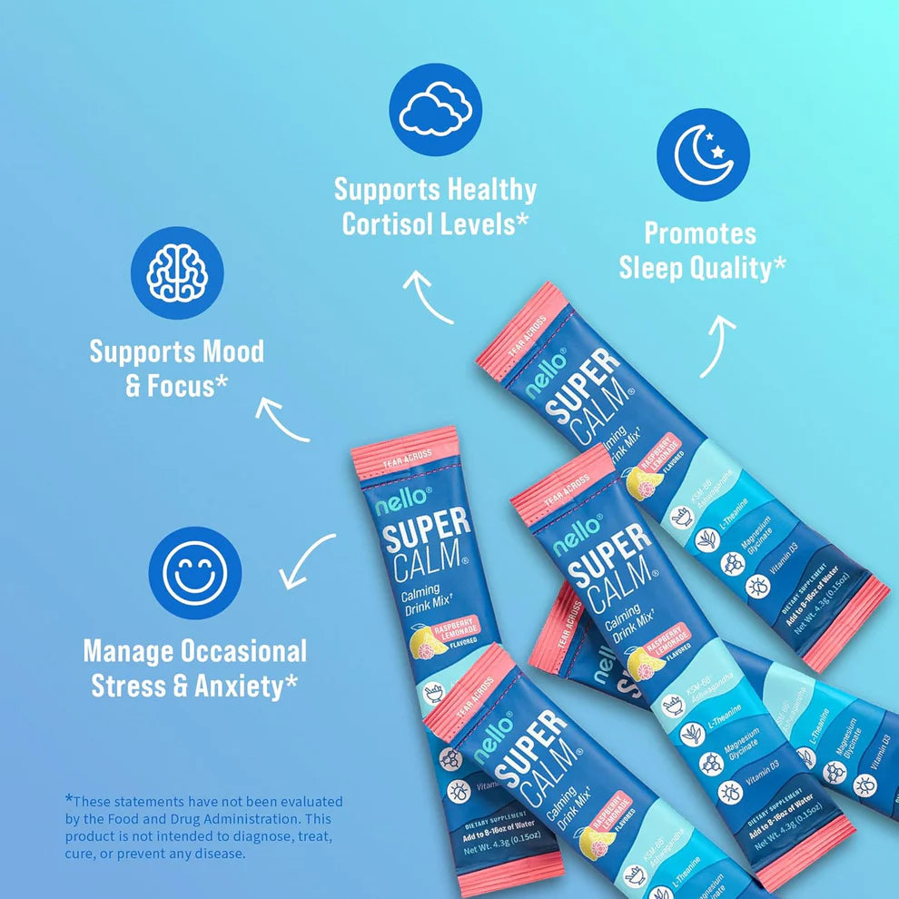 Nello Supercalm Drink Mix – Raspberry Lemonade with Ashwagandha, L-Theanine & Magnesium (20 Ct)