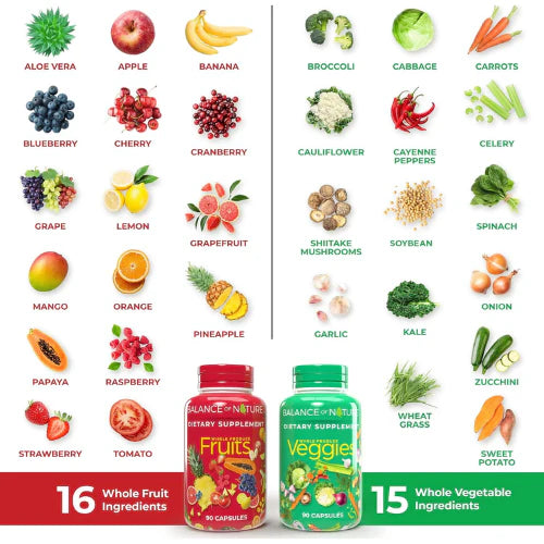 Balance of Nature Fruits & Veggies – Whole Food Supplement for Adults & Kids – 180 Capsules (1 Set)