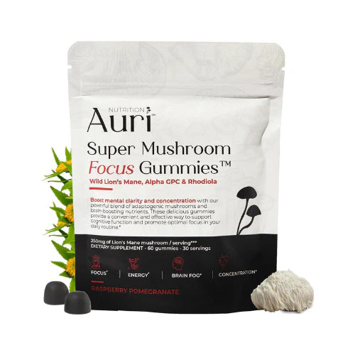 Auri Super Mushroom Focus Gummies – Lion’s Mane & Rhodiola for Mental Clarity (60 Gummies)