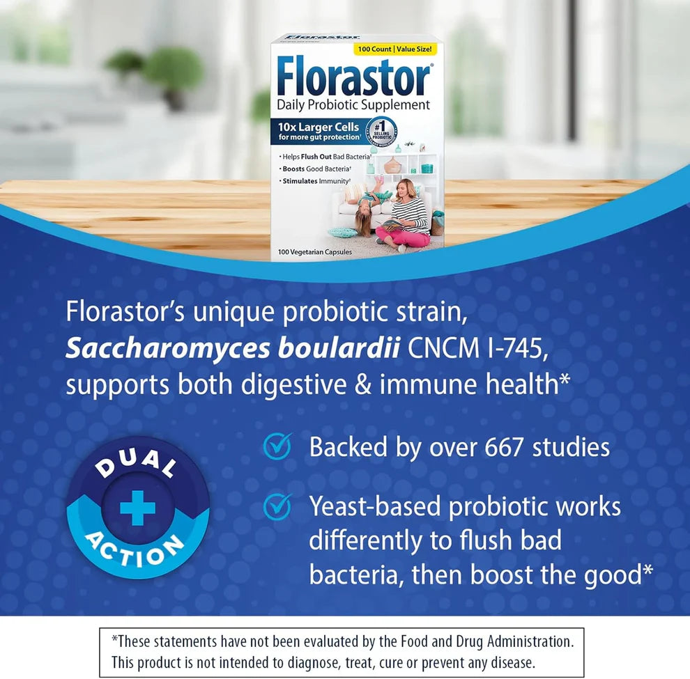 Florastor Probiotics for Digestive & Immune Health – Unique Saccharomyces Boulardii Strain (100 Capsules)